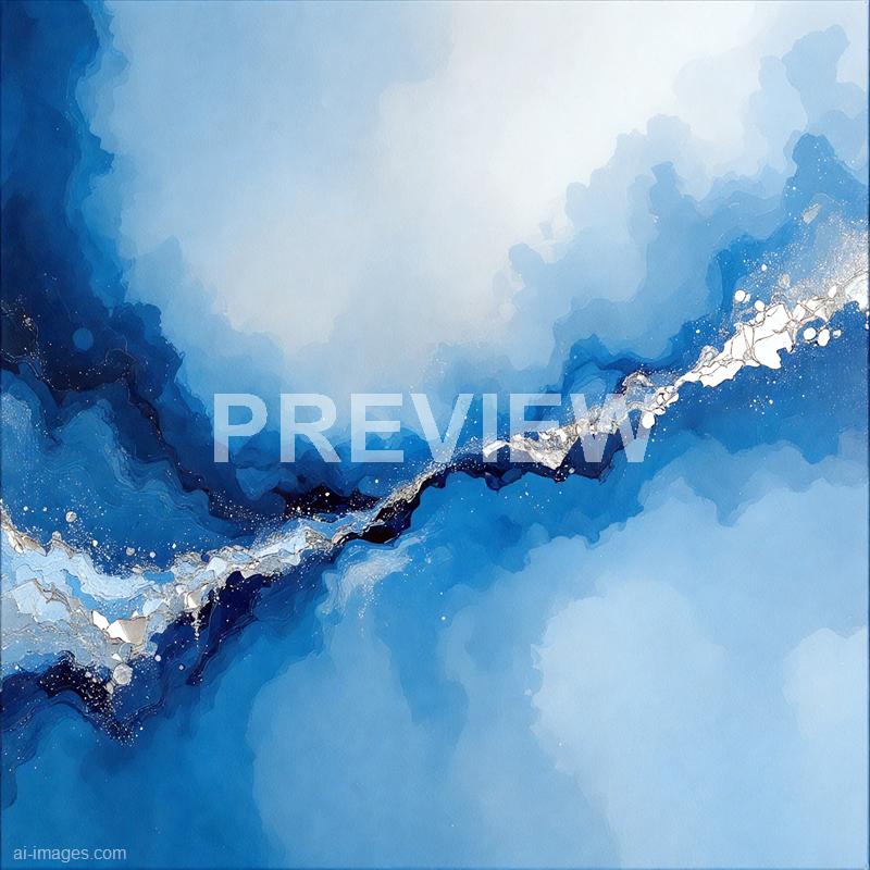 The image features an abstract watercolor composition primarily in shades of blue, ranging from light to dark. It showcases a dynamic, flowing pattern with splashes and splatters that create a sense of movement, resembling a landscape or a wave, with some hints of metallic or white accents adding contrast and texture. The overall effect is fluid and energetic, evoking natural elements like water or sky in an artistic and stylized manner.